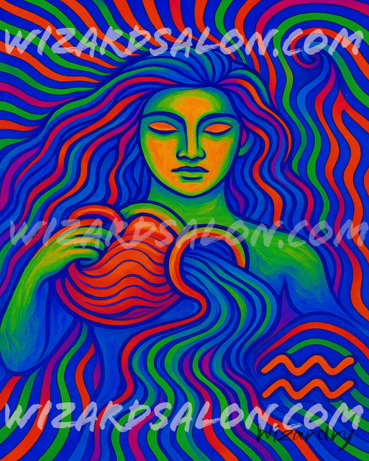 Oil painting of Aquarius the Water Bearer pouring radiant cosmic water in vivid turquoise, gold, and amethyst hues with the Aquarius zodiac symbol, representing innovation, intuition, and universal flow. The image is watermarked wizardsalon.com and the artist's signature, Wizardry, is in the bottom right corner.
