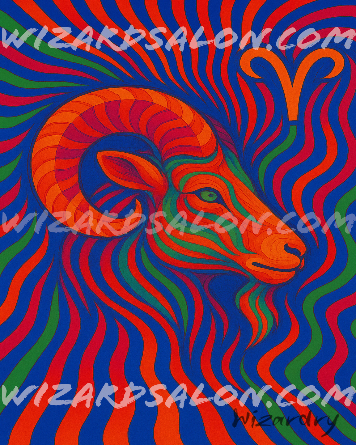 Oil Painting of Aries the Ram in bright neon colors, featuring a glowing side portrait of a cosmic ram with swirling horns, vivid red, orange, and blue tones, and the Aries zodiac symbol. Mystical artwork representing Aries energy, fire element, strength, and rebirth in a visionary art style. The painting is watermarked 'wizardsalon.com' and signed by the artist Wizardry in the bottom right corner.