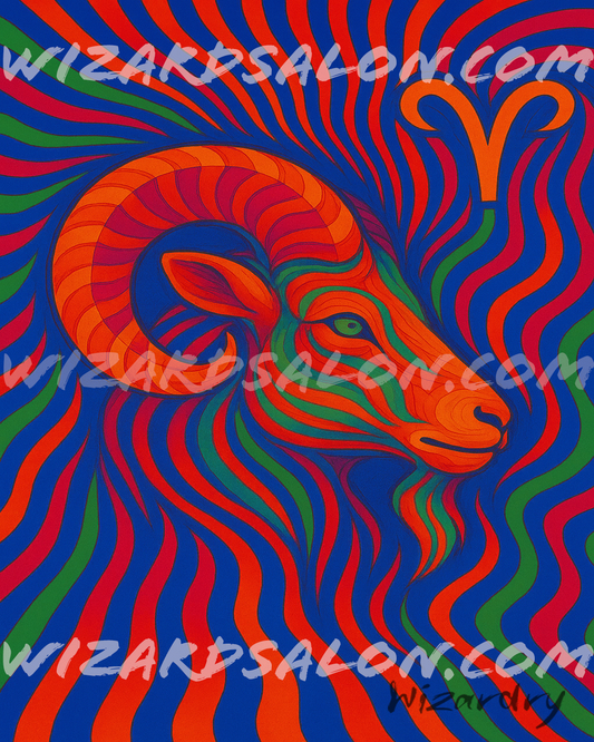 Oil Painting of Aries the Ram in bright neon colors, featuring a glowing side portrait of a cosmic ram with swirling horns, vivid red, orange, and blue tones, and the Aries zodiac symbol. Mystical artwork representing Aries energy, fire element, strength, and rebirth in a visionary art style. The painting is watermarked 'wizardsalon.com' and signed by the artist Wizardry in the bottom right corner.