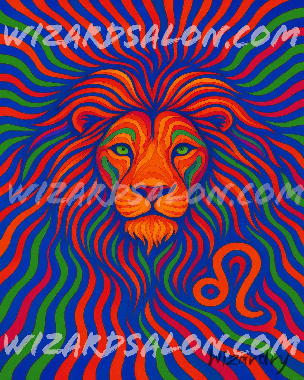 Oil painting of Leo the Lion glowing in fiery gold, red, and orange tones with the Leo zodiac symbol, representing courage, creativity, and solar power.. The image is watermarked wizardsalon.com and the artist's signature, Wizardry, is in the bottom right corner.