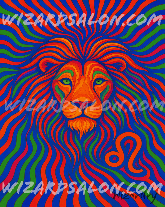 Oil painting of Leo the Lion glowing in fiery gold, red, and orange tones with the Leo zodiac symbol, representing courage, creativity, and solar power.. The image is watermarked wizardsalon.com and the artist's signature, Wizardry, is in the bottom right corner.