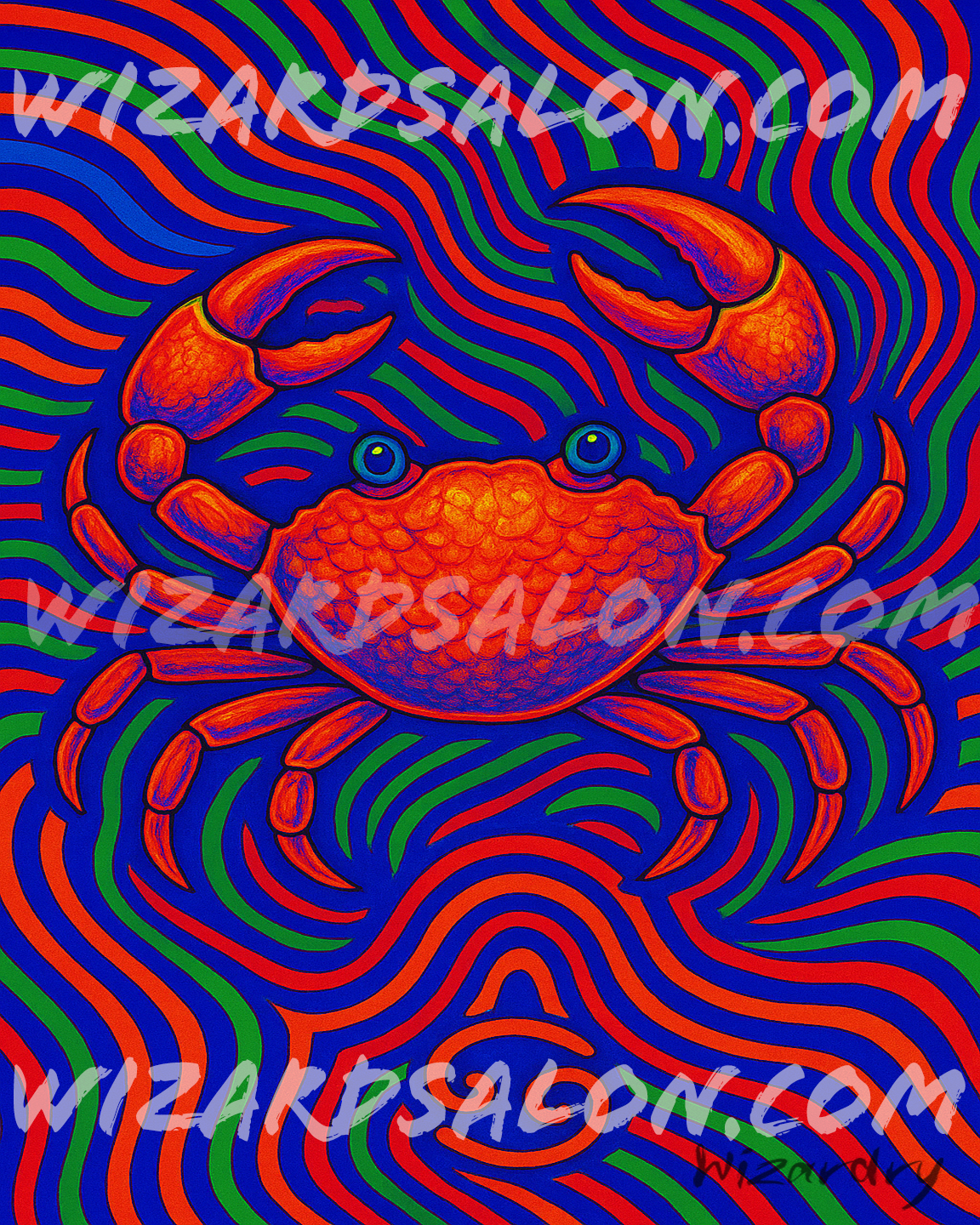 Painting of Cancer the Crab glowing in vivid turquoise, coral, and opal tones, featuring the Cancer zodiac symbol, representing intuition, emotion, and lunar energy. The image is watermarked with wizardsalon.com and the artist's signature, Wizardry, is in the bottom right corner. 