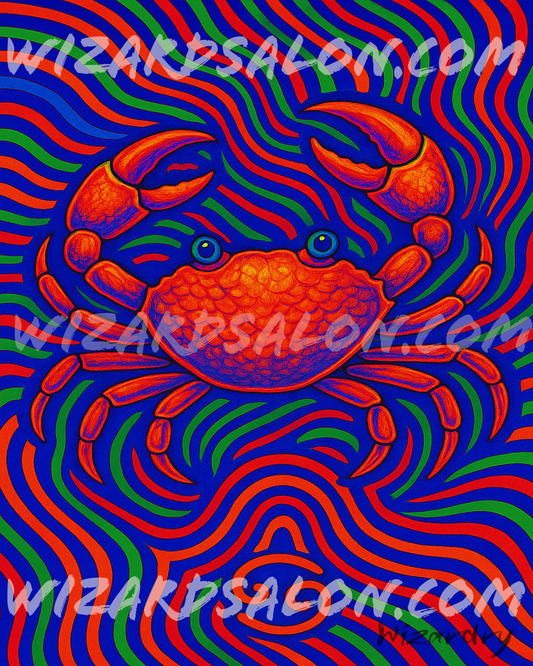 Painting of Cancer the Crab glowing in vivid turquoise, coral, and opal tones, featuring the Cancer zodiac symbol, representing intuition, emotion, and lunar energy. The image is watermarked with wizardsalon.com and the artist's signature, Wizardry, is in the bottom right corner. 