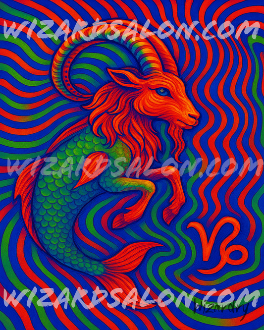 Oil painting of Capricorn the Sea-Goat with spiraling horns and a shimmering fish tail, glowing in vivid jade, gold, and sapphire hues with the Capricorn zodiac symbol, representing ambition, balance, and mystical endurance. The image is watermarked wizardsalon.com and the artist's signature, Wizardry, is in the bottom right corner.