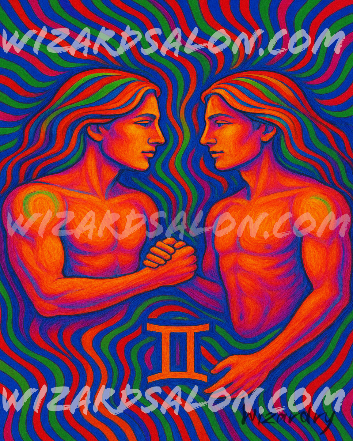 Oil Painting of Gemini the Twins: two long-haired brothers clasping hands amid vivid neon blues, yellows, and magentas, symbolizing duality, balance, and cosmic unity in the zodiac. The image is watermarked with wizardsalon.com and the artist's signature Wizardry is in the bottom right corner.