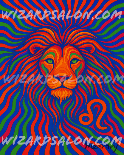 Oil painting of Leo the Lion glowing in fiery gold, red, and orange tones with the Leo zodiac symbol, representing courage, creativity, and solar power.. The image is watermarked wizardsalon.com and the artist's signature, Wizardry, is in the bottom right corner. 