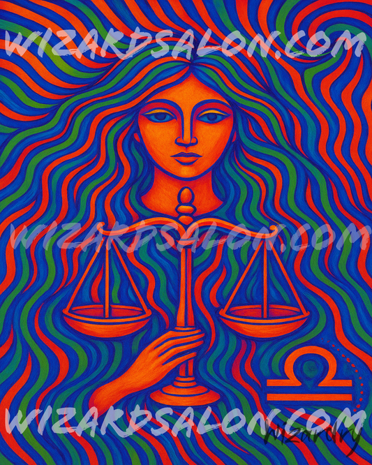 Oil painting of Libra the Scales featuring a flowing-haired figure holding glowing scales in vivid violet, rose gold, and blue tones with the Libra zodiac symbol, representing harmony, balance, and cosmic beauty. The image is watermarked wizardsalon.com and the artist's signature, Wizardry, is in the bottom right corner.
