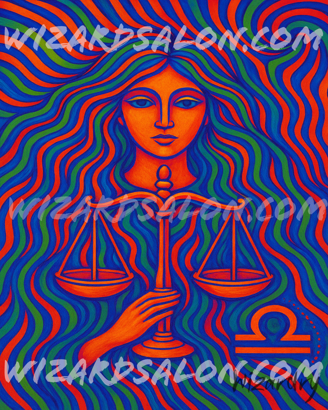 Oil painting of Libra the Scales featuring a flowing-haired figure holding glowing scales in vivid violet, rose gold, and blue tones with the Libra zodiac symbol, representing harmony, balance, and cosmic beauty. The image is watermarked wizardsalon.com and the artist's signature, Wizardry, is in the bottom right corner.