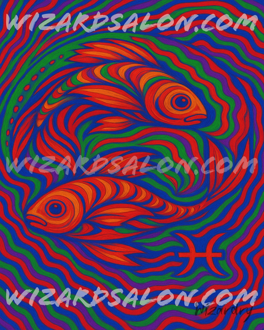 Oil painting of Pisces the Fishes, two intertwined fish glowing in vivid teal, magenta, and gold hues with the Pisces zodiac symbol, representing intuition, unity, and spiritual flow. The image is watermarked wizardsalon.com and the artist's signature, Wizardry, is in the bottom right corner.