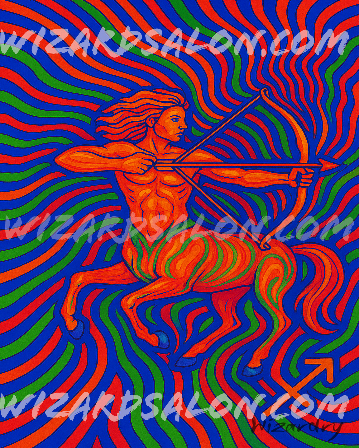 Oil painting of Sagittarius the Archer, a centaur drawing a glowing bow amid vivid gold, violet, and blue colors with the Sagittarius zodiac symbol, representing exploration, truth, and cosmic adventure. The image is watermarked wizardsalon.com and the artist's signature, Wizardry, is in the bottom right corner.