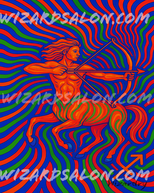 Oil painting of Sagittarius the Archer, a centaur drawing a glowing bow amid vivid gold, violet, and blue colors with the Sagittarius zodiac symbol, representing exploration, truth, and cosmic adventure. The image is watermarked wizardsalon.com and the artist's signature, Wizardry, is in the bottom right corner.