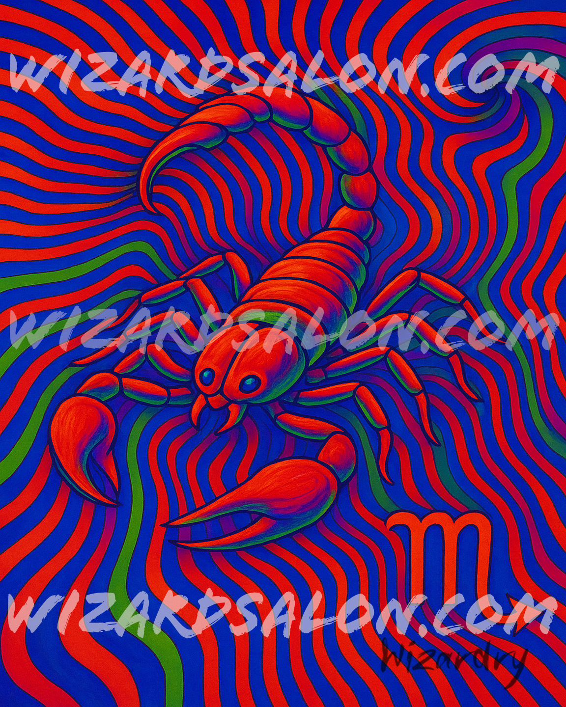 Oil painting of Scorpio the Scorpion glowing in vivid crimson, indigo, and ultraviolet hues with the Scorpio zodiac symbol, representing transformation, mystery, and rebirth. The image is watermarked wizardsalon.com and the artist's signature, Wizardry, is in the bottom right corner.