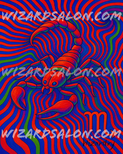 Oil painting of Scorpio the Scorpion glowing in vivid crimson, indigo, and ultraviolet hues with the Scorpio zodiac symbol, representing transformation, mystery, and rebirth. The image is watermarked wizardsalon.com and the artist's signature, Wizardry, is in the bottom right corner.