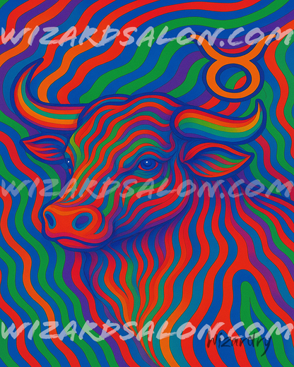 Oil Painting of Taurus the Bull in vibrant neon blues, greens, oranges, and reds, featuring a powerful bull’s head with glowing horns and the Taurus zodiac symbol. Visionary artwork symbolizing strength, grounding, and cosmic stability in an abstract, mystical style. The painting is watermarked with wizardsalon.com and is signed by the artist in the bottom right corner, "Wizardry".