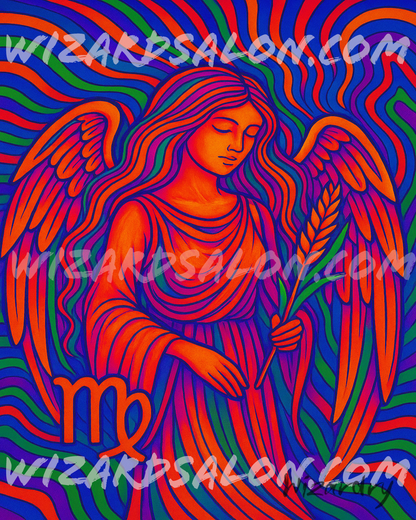 Oil painting of Virgo the Maiden with angelic wings and a golden shaft of wheat, glowing in vivid emerald and ivory tones with the Virgo zodiac symbol, representing purity, healing, and divine order. The image is watermarked wizardsalon.com and the artist's signature, Wizardry, is in the bottom right corner.