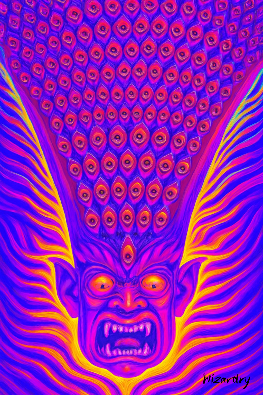 A hand-painted oil painting featuring textured brush strokes and bright, vibrant, neon colors. The painting is titled "The Watcher of Chaos" by Wizardry Art, part of the Infinite Watchers series. The painting was done with oil on wood. 