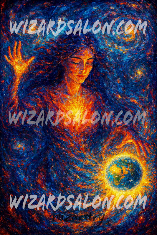 Oil painting of a celestial woman cradling Earth in glowing arms, symbolizing divine nurturing. Vivid neon colors and swirling brushstrokes evoke cosmic tenderness and psychedelic creation. The image is watermarked wizardsalon.com, and the artist's signature, Wizardry, is in the bottom center.