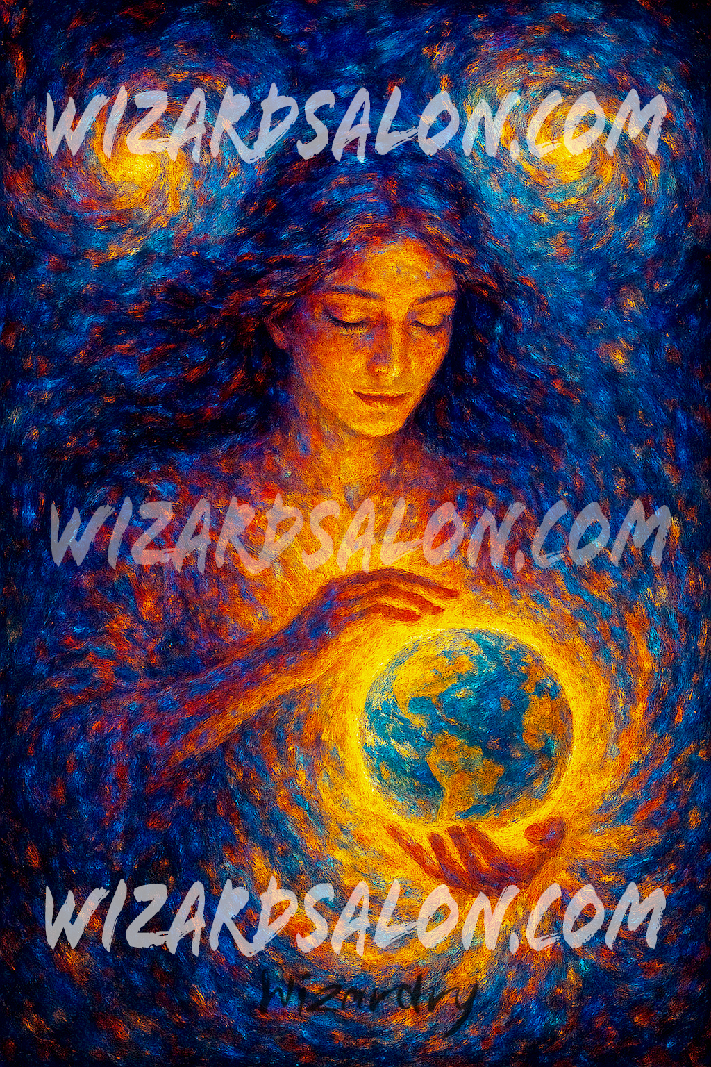 Oil painting of Earth glowing with life as a celestial woman dissolves into stardust. Swirling neon brushstrokes evoke cosmic awakening and divine transformation. The image is watermarked wizardsalon.com, and the artist's signature, Wizardry, is in the bottom center.