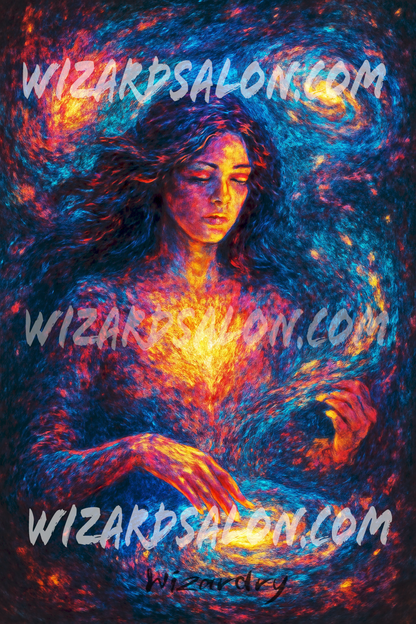 Oil painting of a celestial woman raising her hand to command swirling galaxies, symbolizing the divine intention behind cosmic creation. Vivid neon colors and textured brushstrokes evoke a mythic, psychedelic universe. The image is watermarked wizardsalon.com, and the artist's signature, Wizardry, is in the bottom center.